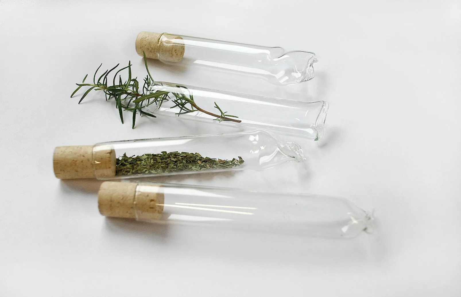 Four hand-blown glass tube vases with cork stoppers, one holding a sprig of rosemary